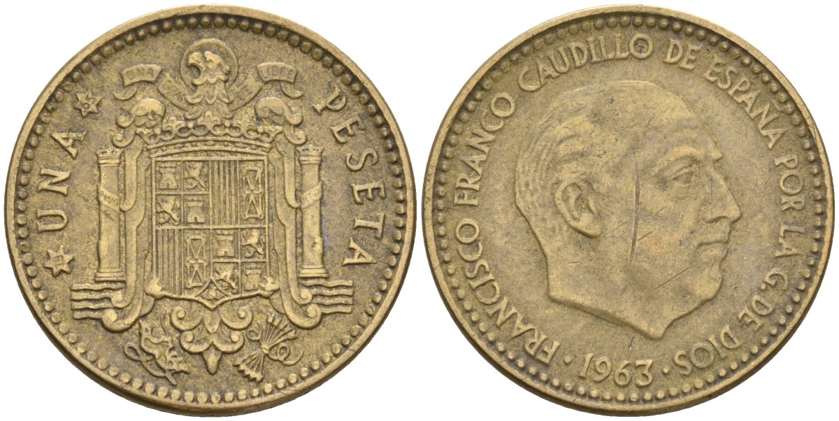 Испания 1 песета 1963 (65) Франсиско Франко (1939-1975) KM 775 алюминиевая бронза 4604-337