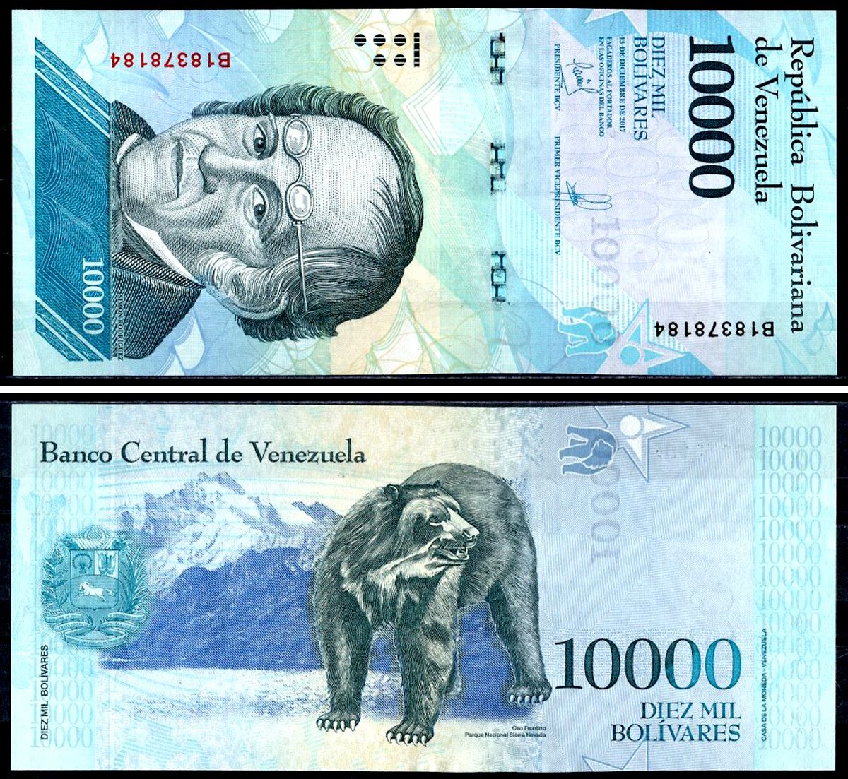 Венесуэла 10000 боливаров 2017 13 декабря 2017, Симон Родригес, Очковый медведь Pick 98 b бумага UNC (пресс) 402-73-2-2