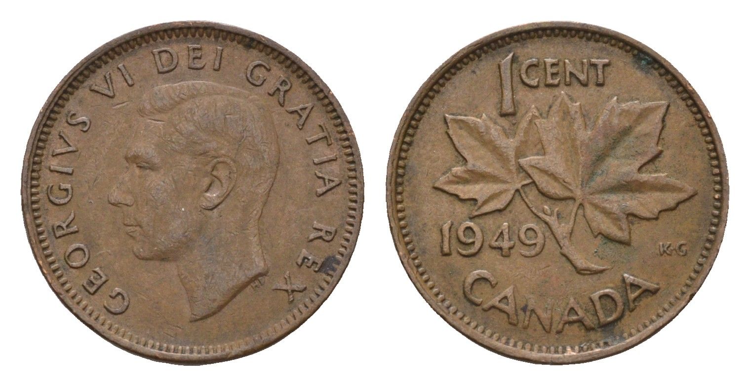 Канада 1 цент 1949 Георг VI (1936-1952), кленовый лист KM 41 бронза 4611-444