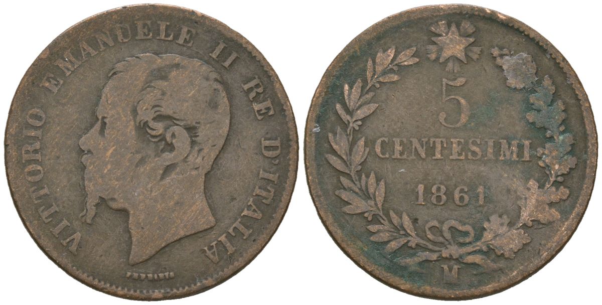 Италия 5 чентезимо 1861 M, Виктор Эммануил II (1861-1878) KM 3.2 бронза 113-225