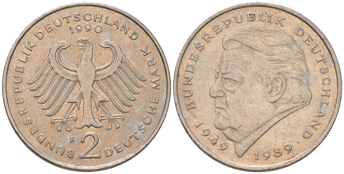 ФРГ 2 марки 1990 F, Франц Йозеф Штраус, 40 лет Федеративной Республике KM 175 медно-никель 4572-933