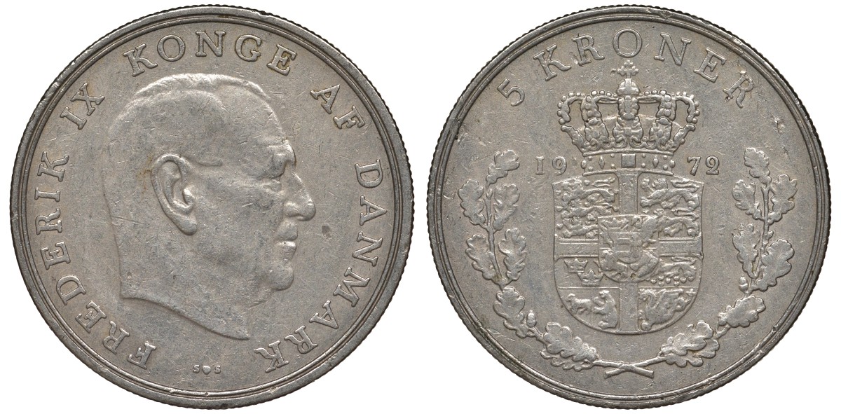 Дания 5 крон 1972 Фредерик IX (1947-1972) KM 853 медно-никель 00-00