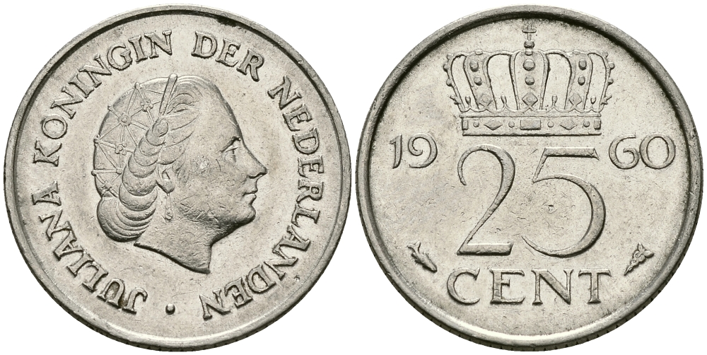 НИДЕРЛАНДЫ 25 ЦЕНТОВ 1960 ЮЛИАНА KM 183 никель 96-143