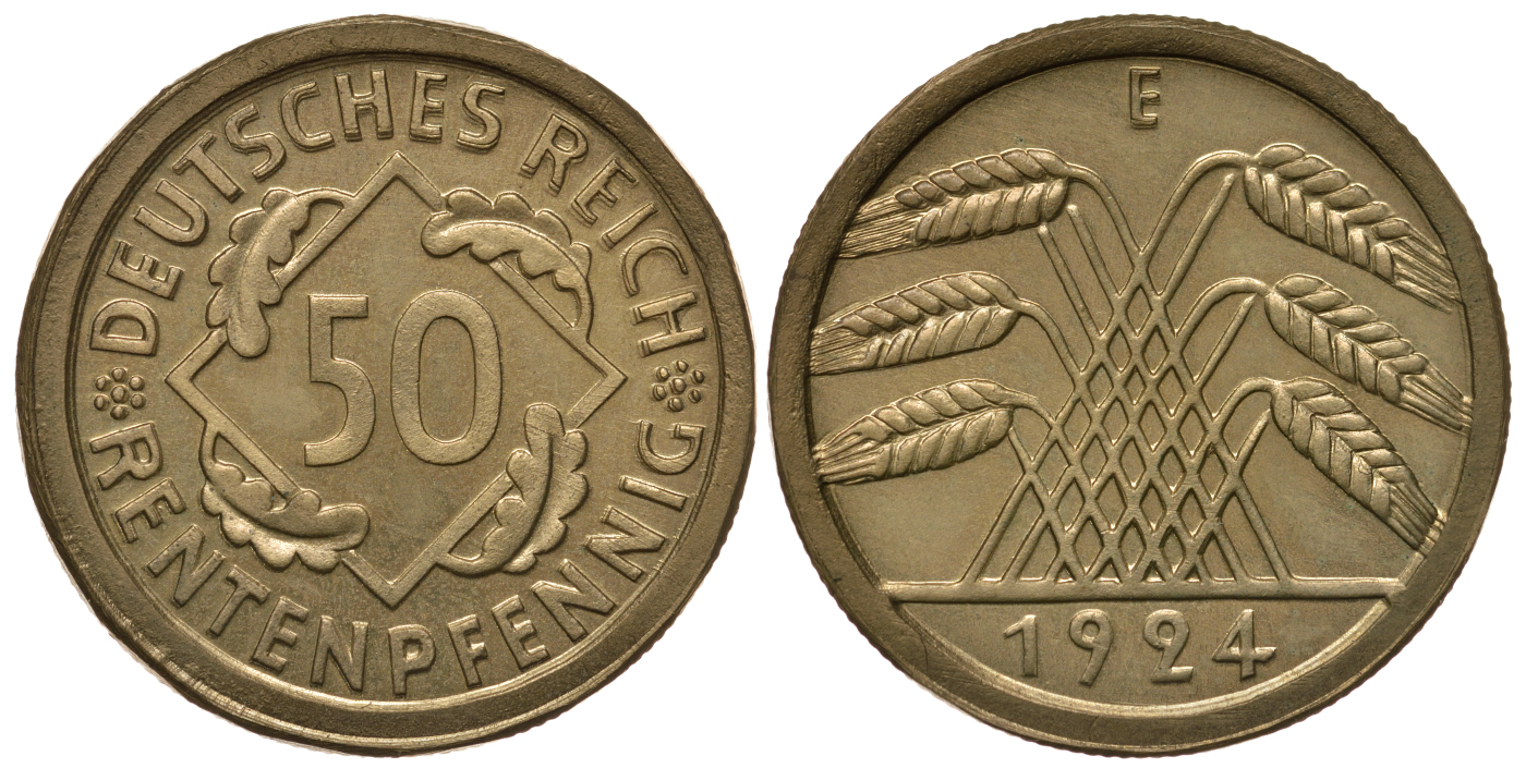 Германия 50 рентенпфеннигов 1924 E J. 310, KM 34 алюминиевая бронза PROOF 10-011-67