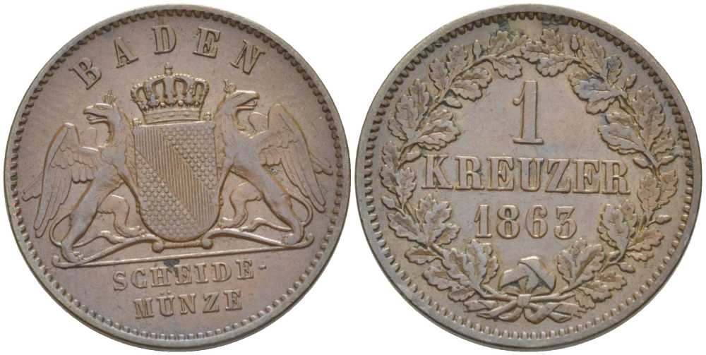 Баден 1 крейцер 1863 Великий Герцог Фридрих I (1856-1907) КМ 242 медь 117-827