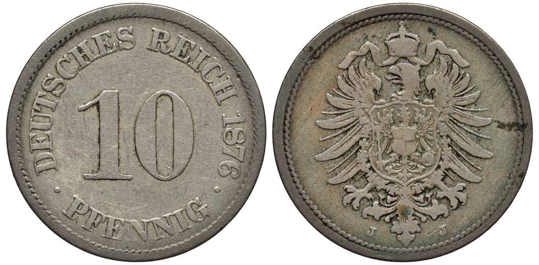 Германия 10 пфеннигов 1876 J, старогербовка KM 4, Jager 4, Weege 7 медно-никель 4543-543