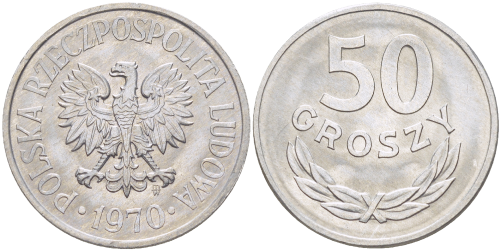 Польша 50 грошей 1970 MW KM 48.1, Parchimowicz 210e алюминий UNC 216-854