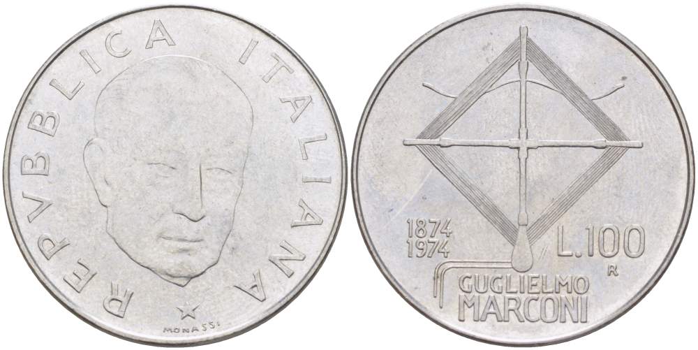 ИТАЛИЯ 100 ЛИР 1974 R, 100 ЛЕТ СО ДНЯ РОЖДЕНИЯ МАРКОНИ KM 102 нержавеющая сталь 4531-123