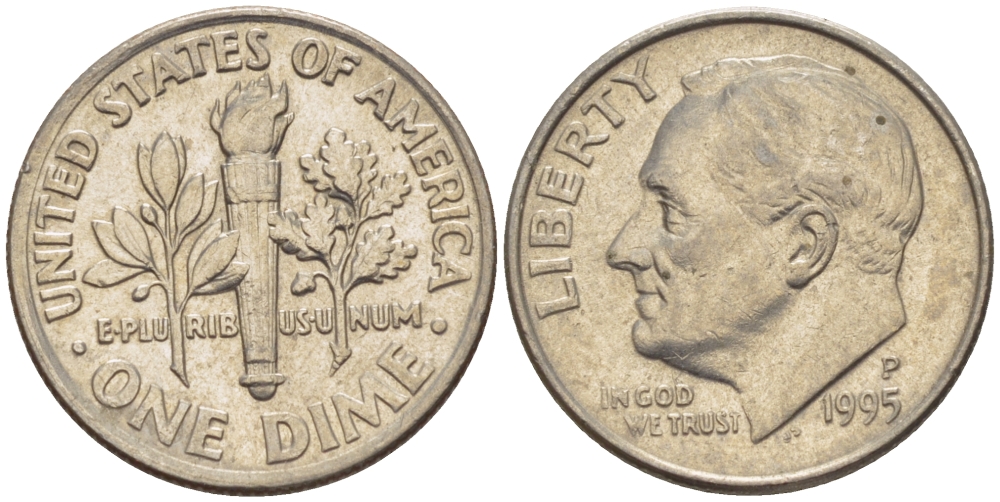 США 10 ЦЕНТОВ = 1 ДАЙМ 1995 P, РУЗВЕЛЬТ KM 195а медь плакированная медно-никелем 66-1132
