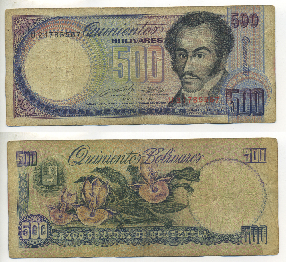 Венесуэла 500 боливаров 1990 серия U, Симон Боливар, орхидеи Pick 67d бумага 6278-18-3