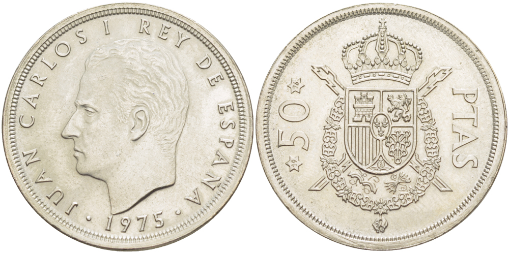 ИСПАНИЯ 50 ПЕСЕТ 1975 (76) ХУАН КАРЛОС I ( 1975-) KM 809 медно-никель XF 4185-824