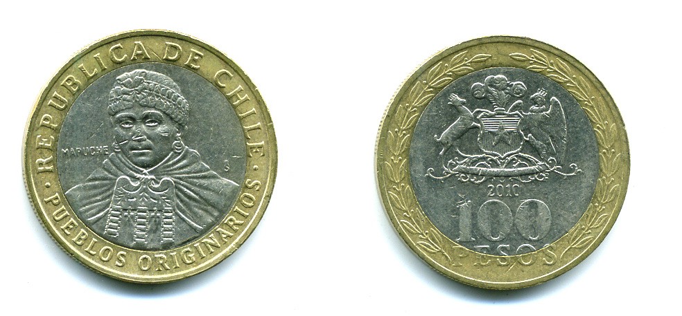 Чили 100 песо 2010 индейцы Мапуче KM 236 биметалл 41-332