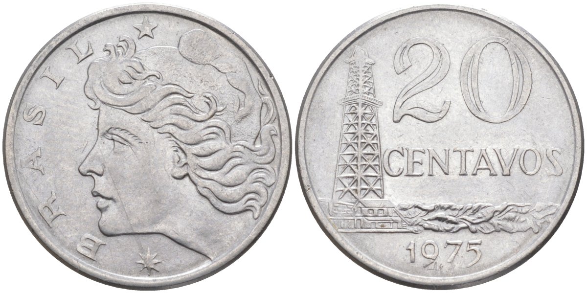 Бразилия 20 сентаво 1975 голова свободы влево KM 579.1a, Schon 84b нержавеющая сталь 219-831