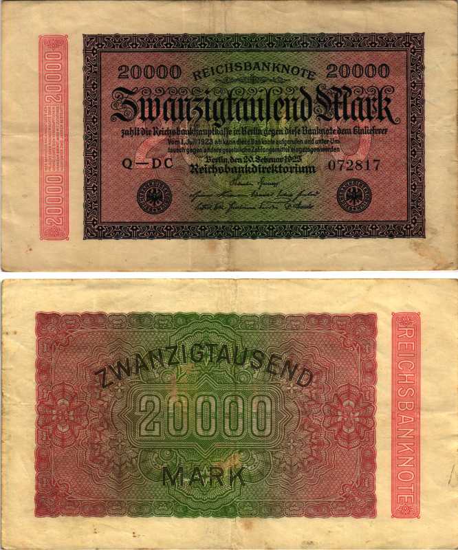 ГЕРМАНИЯ 20000 МАРОК 1923 20 ФЕВРАЛЯ 1923, ВОДЯНОЙ ЗНАК Е, В ЗВЁЗДАХ G/D Pick 85b бумага 7487-69-2