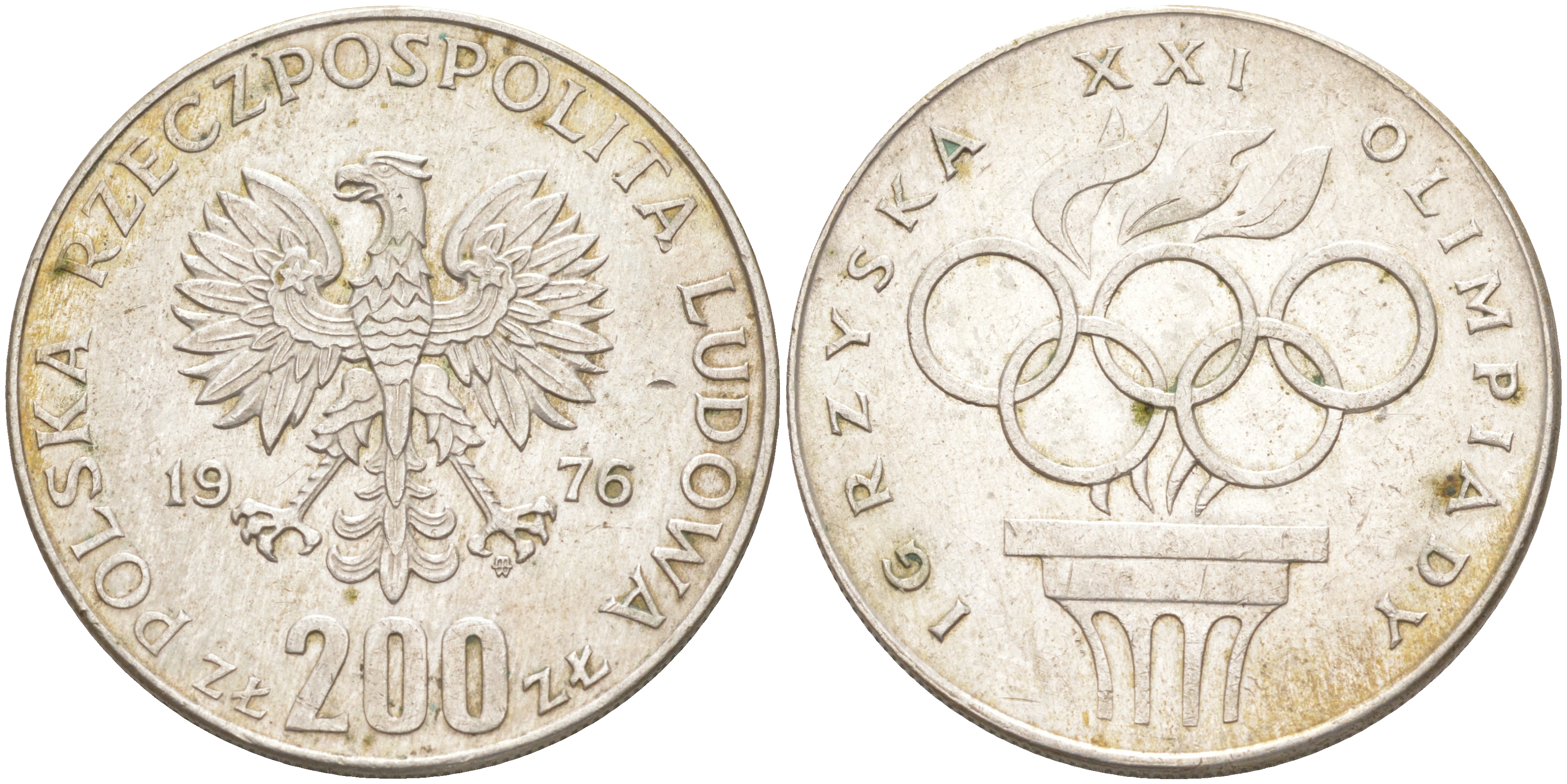 Польша 200 злотых 1976 MW, XXI олимпийские игры 1976 года в Монреале, кольца KM 86, Parchimowicz 306а серебро 4111-412