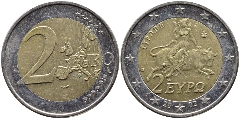 Греция 2 евро 2002 похищение Европы KM 188 биметалл 4390-1215
