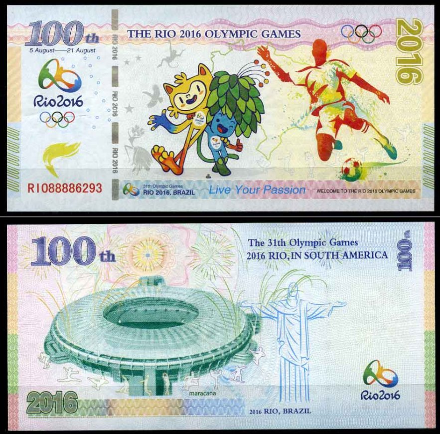 Бразилия 100 единиц 2016 талисманы, футбол, рекламная бона Олимпиады 2016 в Рио де Женейро бумага UNC (пресс) 000-00-00