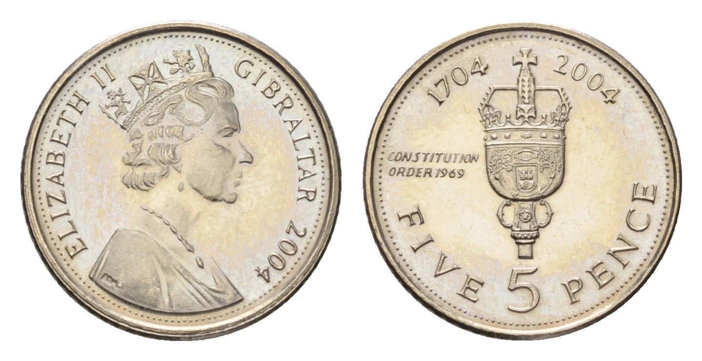 Гибралтар 5 пенсов 2004 300 лет захвату Гибралтара KM 1049 медно-никель UNC 4668-521