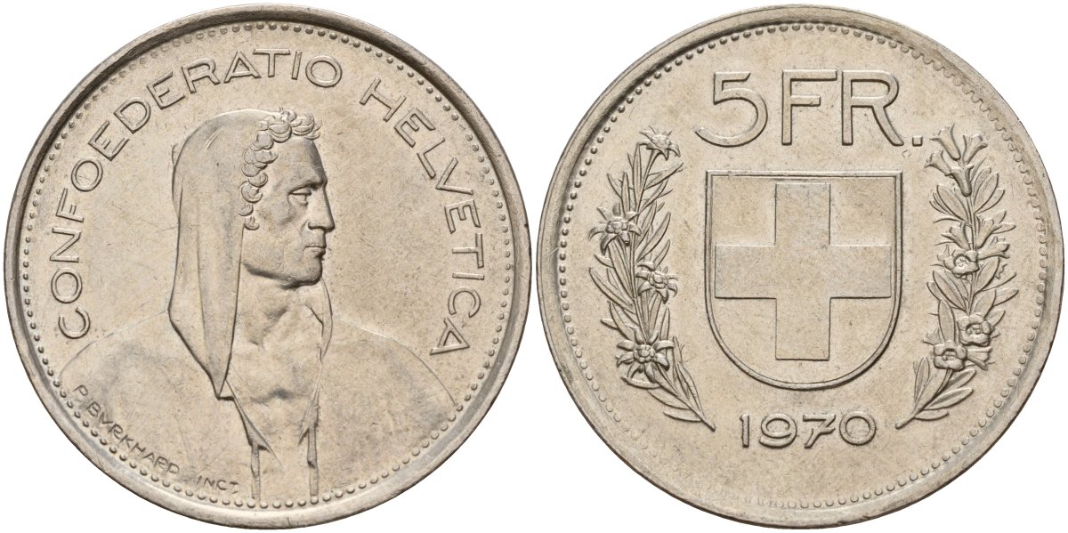 Швейцария 5 франков 1970 Вильгельм Телль KM 40a медно-никель 4157-342