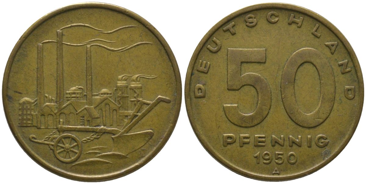 ГДР 50 пфеннигов 1950 A, фабрика KM 4 алюминиевая бронза 206-657