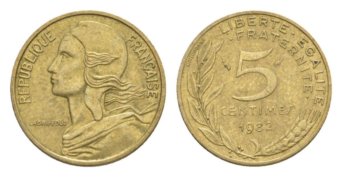 Франция 5 сантимов 1982 тип Morlon KM 933, Le Franc 125.18 алюминиевая бронза 4630-338