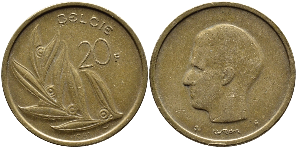 БЕЛЬГИЯ 20 ФРАНКОВ 1981 BELGIE KM 160 никель бронза 4390-1134