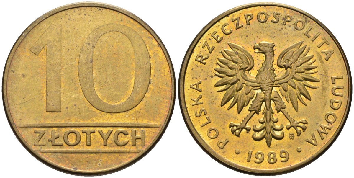 Польша 10 злотых 1989 MW, Народная Республика KM 152.2, Parchimowicz 244a латунь aUNC 4563-714