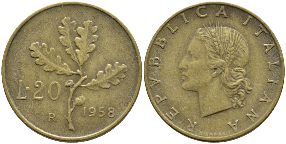 ИТАЛИЯ 20 ЛИР 1958 R ДУБОВАЯ ВЕТВЬ KM 97.1 алюминиевая бронза 4397-531