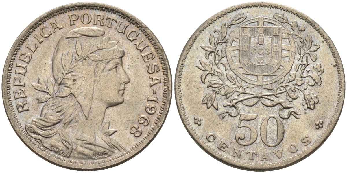 Португалия 50 сентаво 1968 голова свободы вправо KM 577 медно-никель аUNC 4573-653