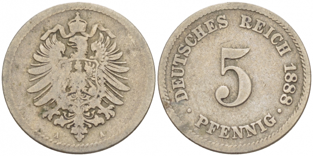 ГЕРМАНИЯ 5 ПФЕННИГОВ 1888 A, СТАРОГЕРБОВКА KM 3, J. 3 медно-никель 3718-143