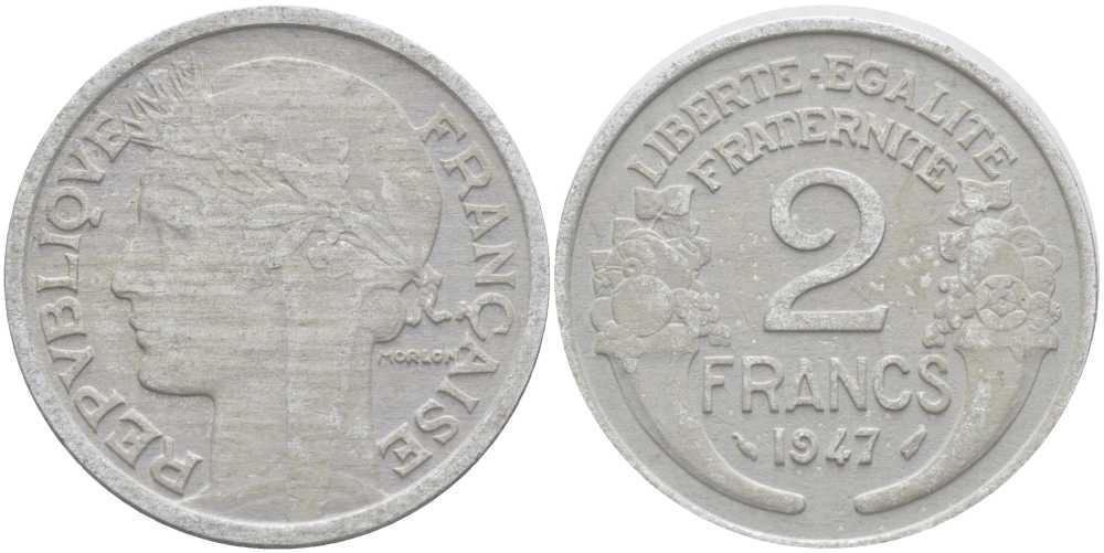 Франция 2 франка 1947 KM 886а.1, LE FRANC 269.10 алюминий 180-1141