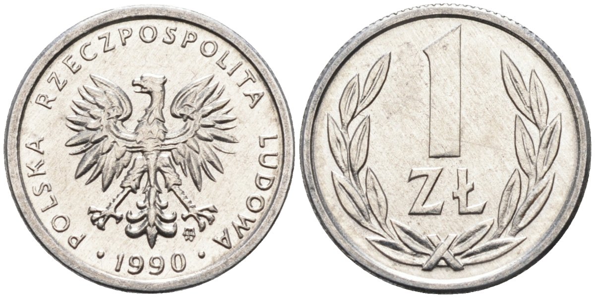 Польша 1 злотый 1990 MW, Народная Республика KM 49.3, Parchimowicz 215b алюминий UNC 4580-728