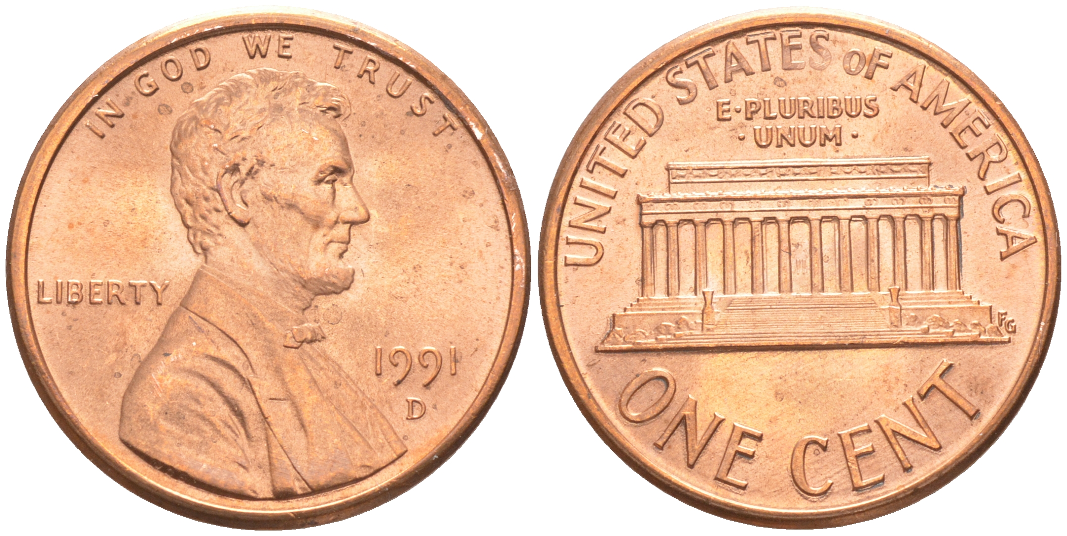 США 1 ЦЕНТ 1991 D, ЛИНКОЛЬН KM 201b цинк плакированный медью UNC 187-665