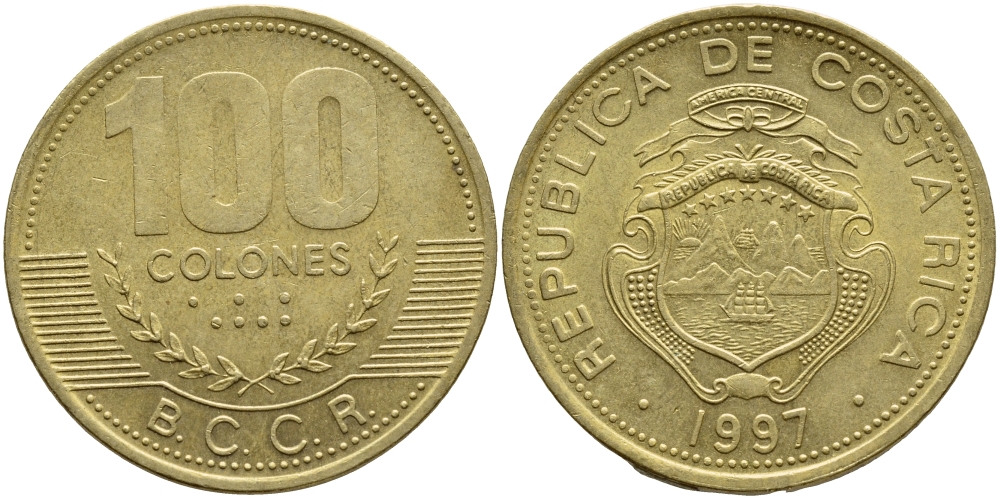 Коста-Рика 100 колон 1997 B.C.C.R. KM 230а латунь 63-846