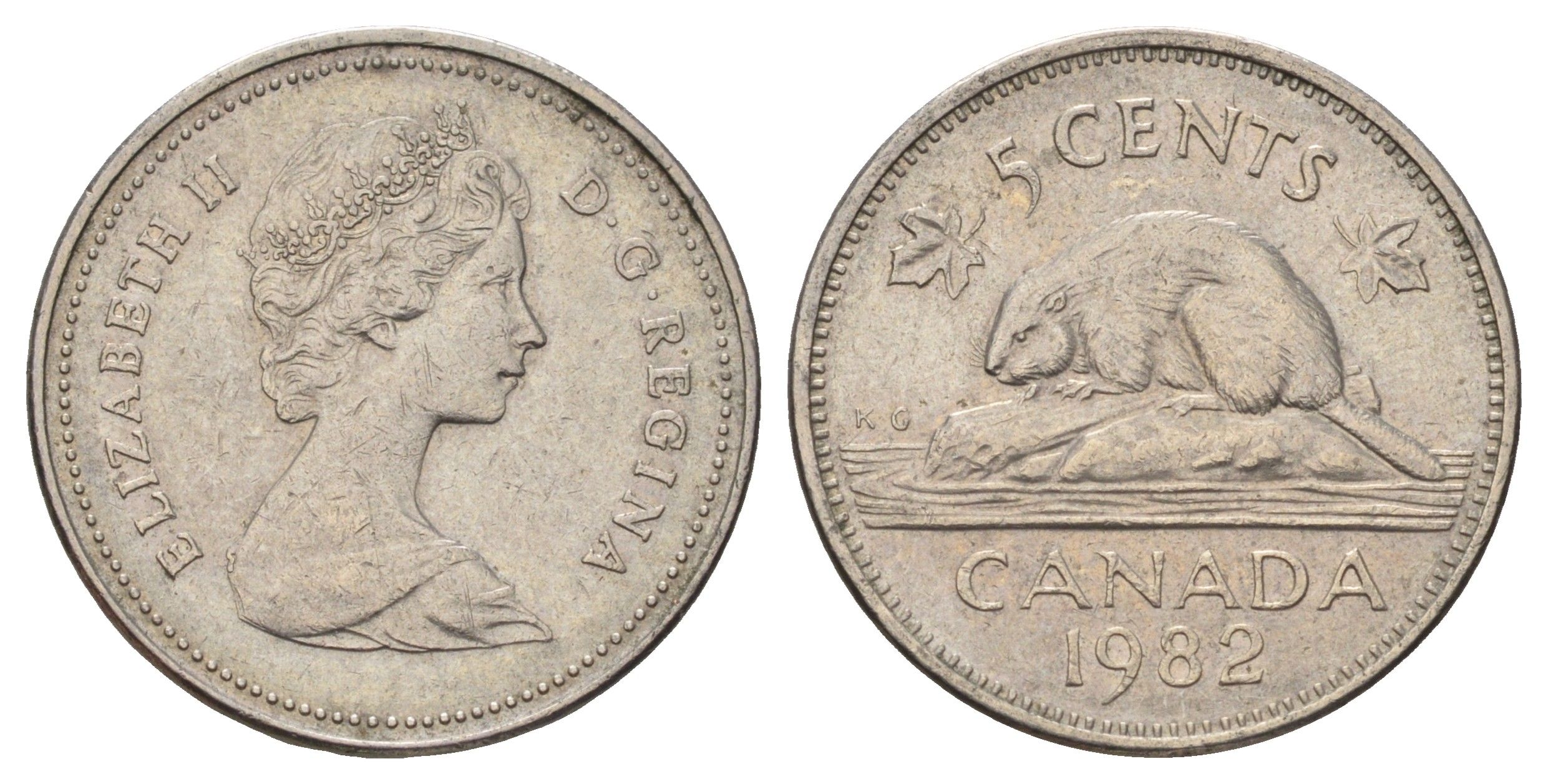 Канада 5 центов 1982 Елизавета II (1952-2022), бобр KM 60.2a медно-никель 4689-422