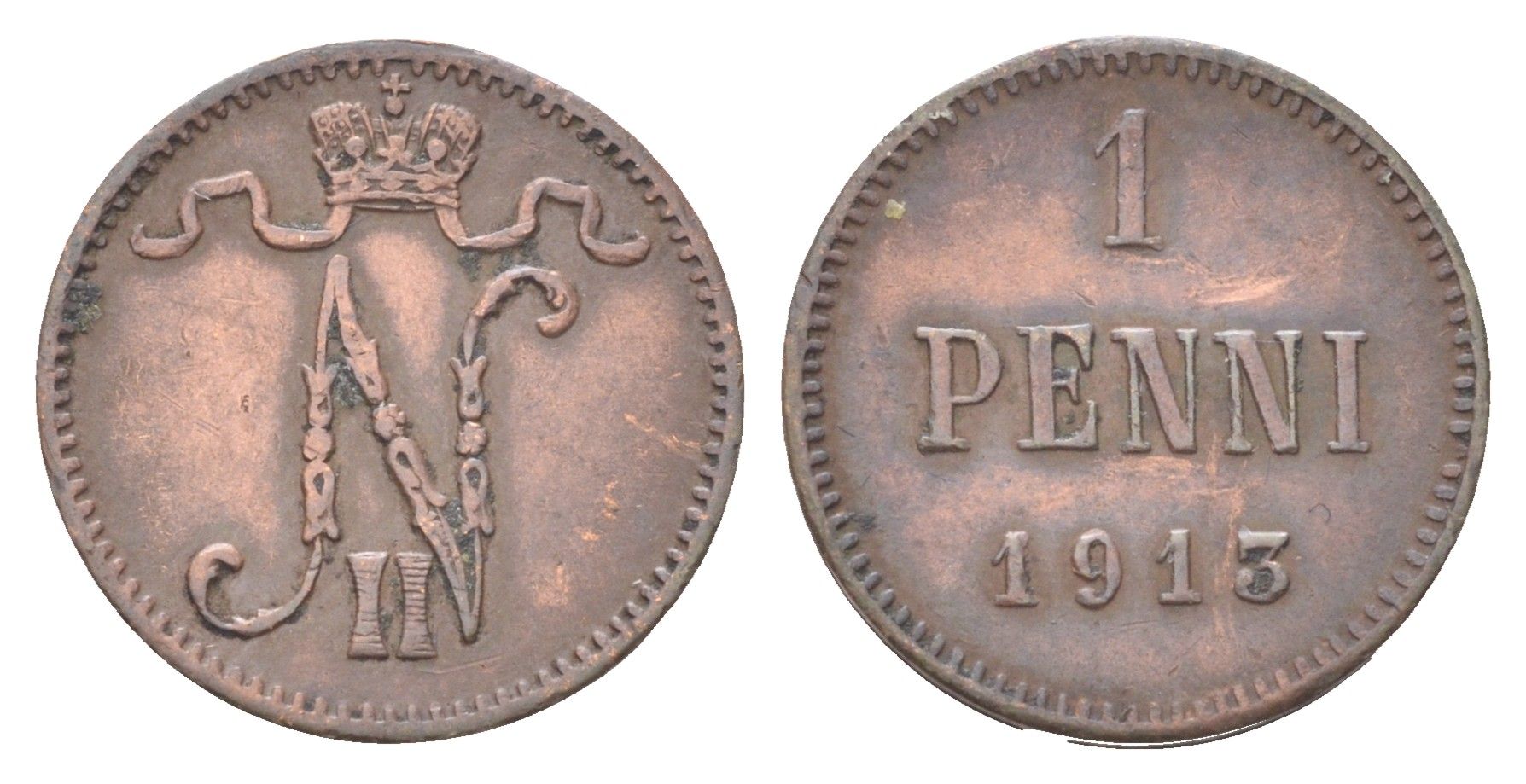 Россия для Финляндии 1 пенни 1913 Николай II (1894-1917) KM 473 медь 4708-563