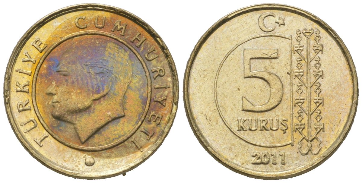 Турция 5 курушей 2011 Кемаль Ататюрк KM 1240 медь цинк никель 4621-623