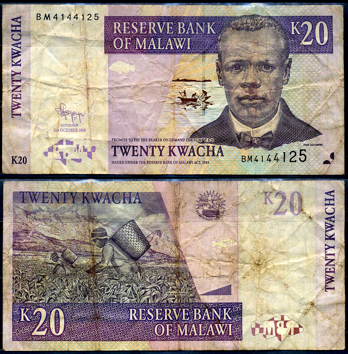 Малави 20 квача 2009 Джон Чилембве, озеро Малави, сбор чая Pick 52 d бумага 8564-52-2-2