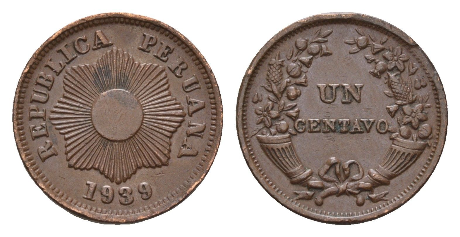 Перу 1 сентаво 1939 KM 208.2 бронза 4124-1167