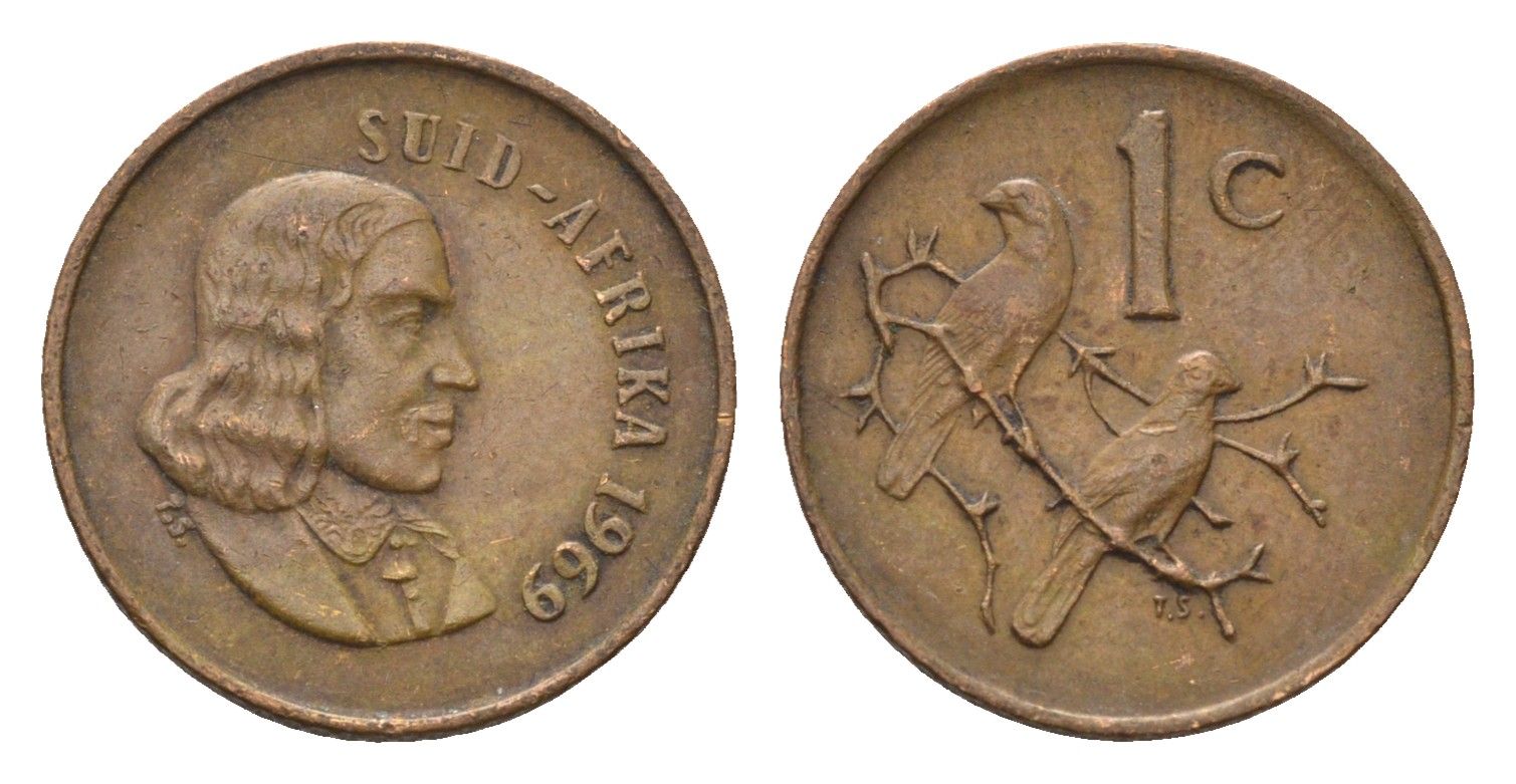 ЮАР 1 цент 1969 Ян ван Рибек (1619-1677), Suid Africa, легенда на африкаанс, капские воробьи KM 65.2 бронза 4690-1167