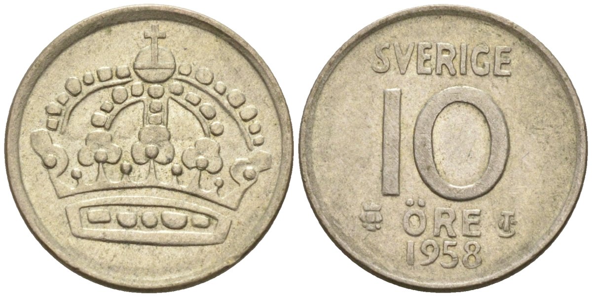 Швеция 10 эре 1958 Густав VI Адольф (1950-1973) KM 823 серебро 4585-339