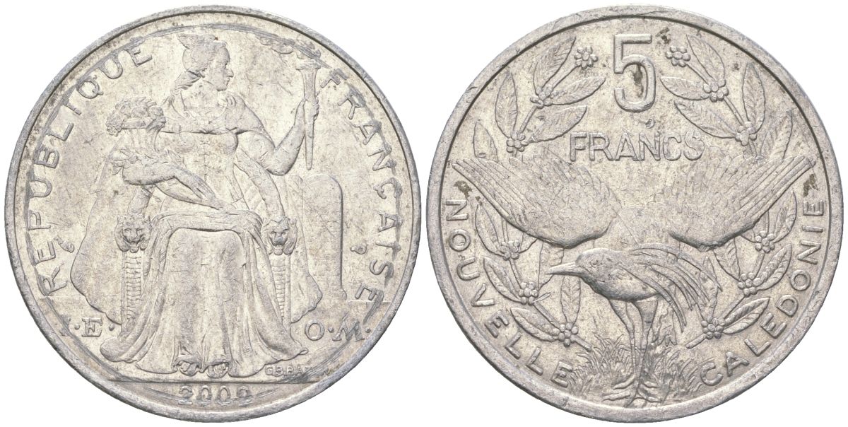Французская Новая Каледония 5 франков 2009 птица кагу, (IEOM) KM 16, Schoen 12, Lec 81k алюминий 221-845