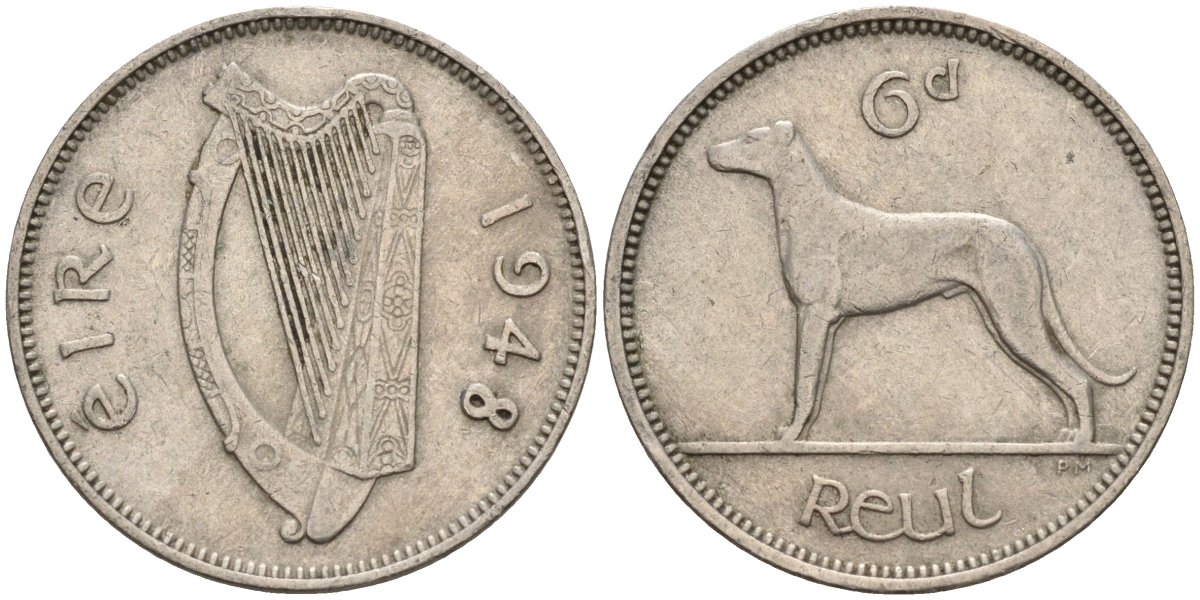 Ирландия 6 пенсов 1948 ирландский волкодав KM 13a медно-никель 4146-437