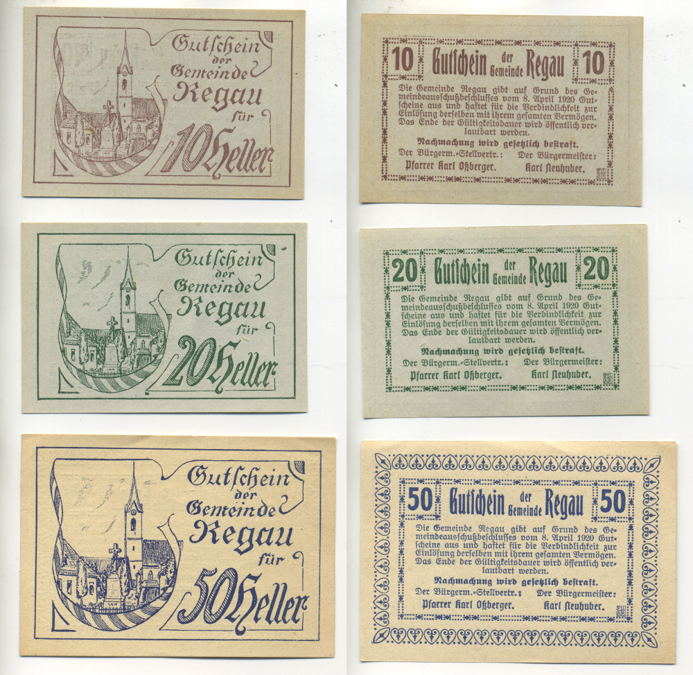 АВСТРИЯ НАБОР ИЗ 3 БАНКНОТ 1920 8 АПРЕЛЯ 1920, НОТГЕЛЬД, 10, 20, 50 ГЕЛЛЕРОВ, REHAU бумага XF 7204-52-1