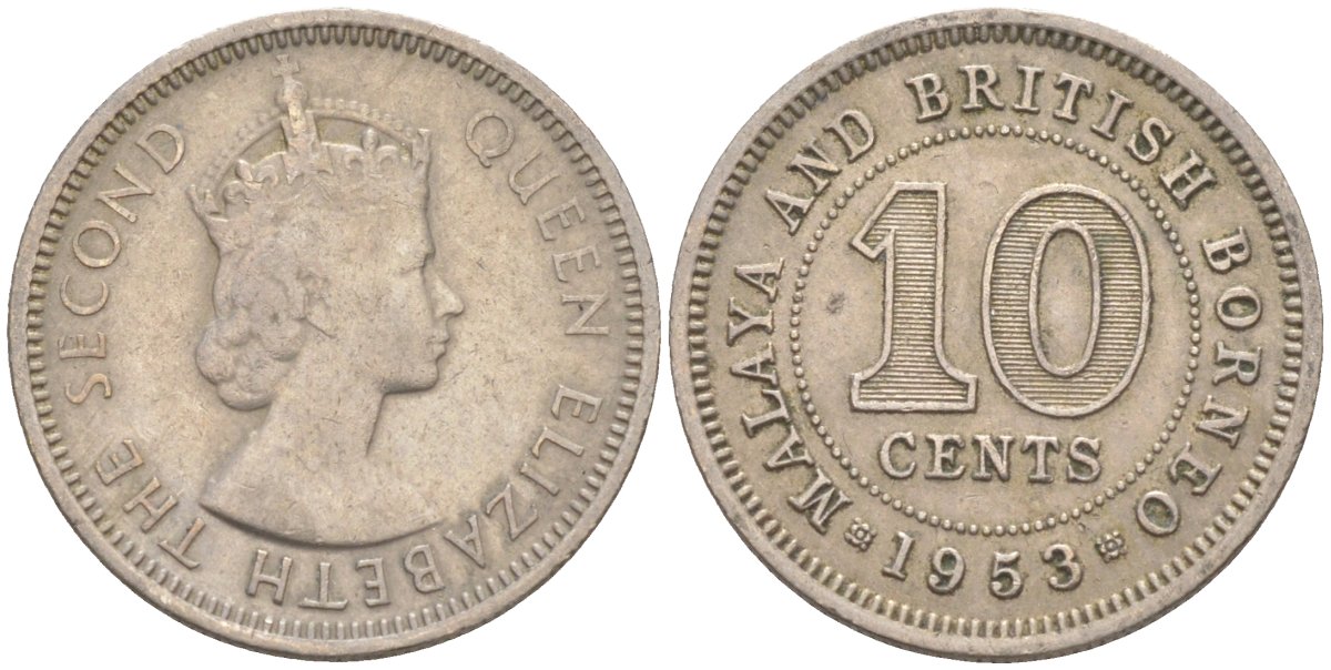 Малайя и Британское Борнео 10 центов 1953 Елизавета II (1952-2022) KM 2 медно-никель 187-321