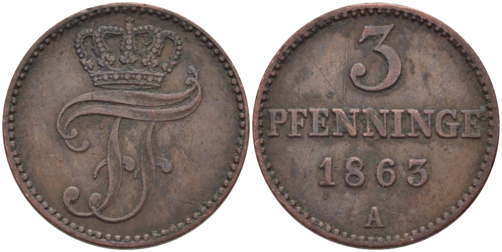 Мекленбург-Шверин 3 пфеннига 1863 А, Фридрих Франц II (1842-1883) Jaeger 56, AKS 48, KM 310 (C101a) медь 100-333
