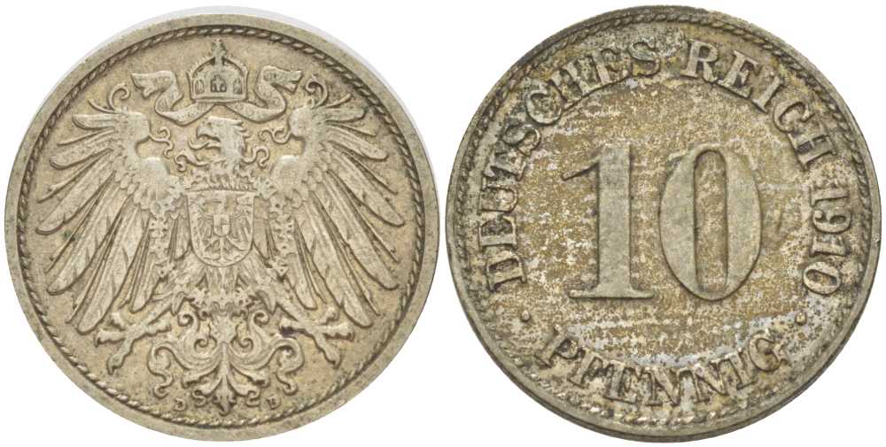 ГЕРМАНИЯ 10 ПФЕННИГОВ 1910 D KM 12, J. 13, Weege 8 медно-никель 212-126