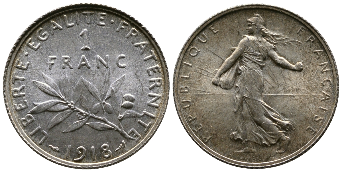Франция 1 франк 1918 сеятель KM 844.1, Le Franc 217.24 серебро UNC 259-717