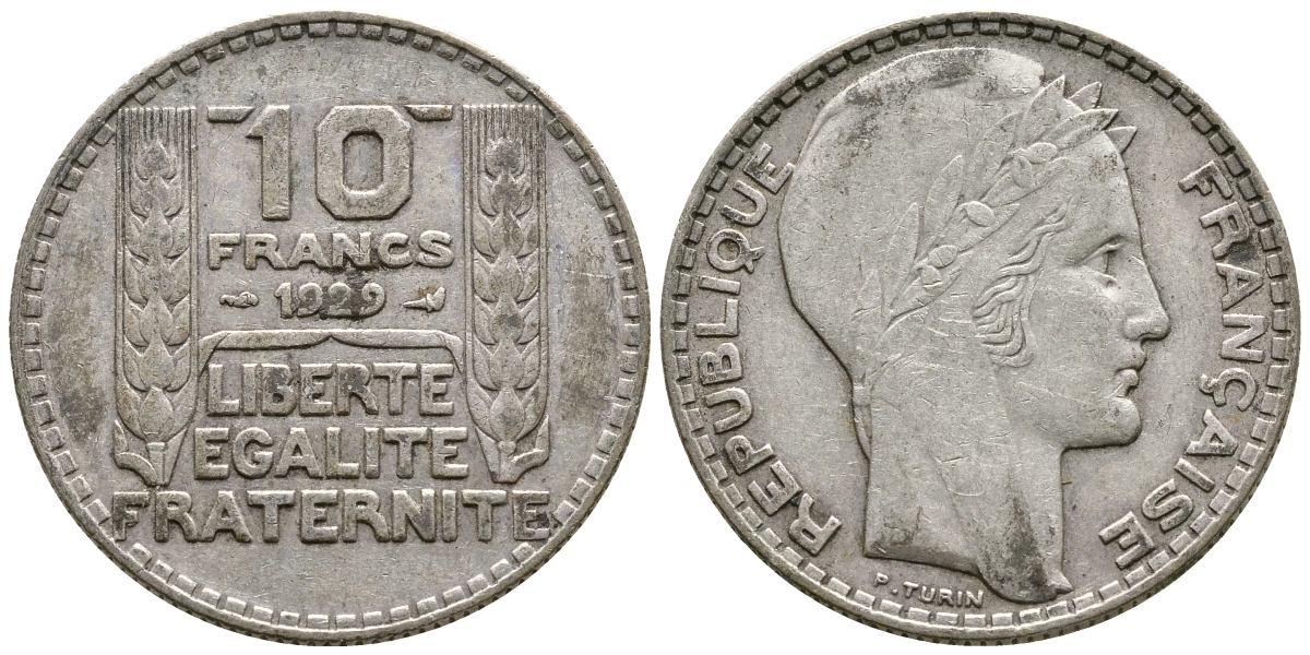 Франция 10 франков 1929 Пьер Тюрен KM 878, Le Franc 360.2 серебро 79-311
