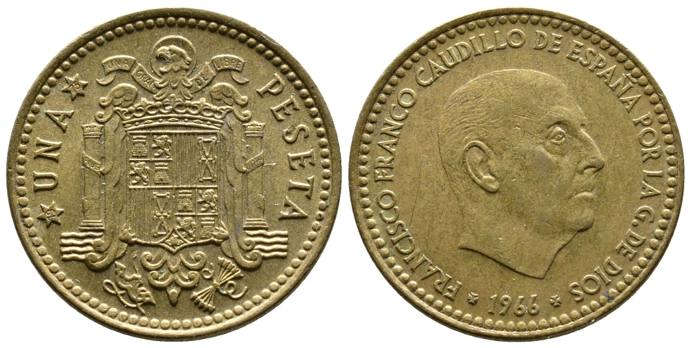 Испания 1 песета 1966 (75) Франциско Франко (1939-1975) КМ 796 алюминиевая бронза 4110-1425